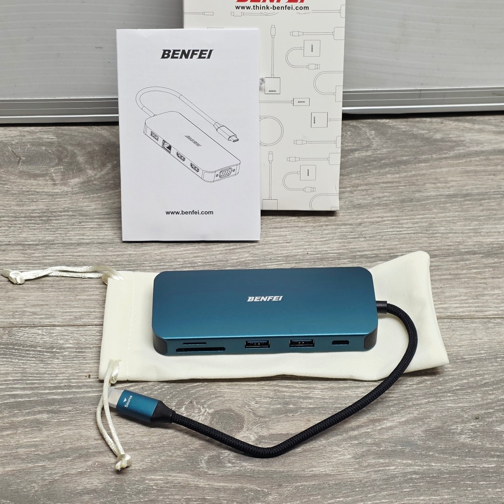 Benfei USB-C Hub Multiport Adapter Dual HDMI VGA RJ45 100W PD Teal Blue